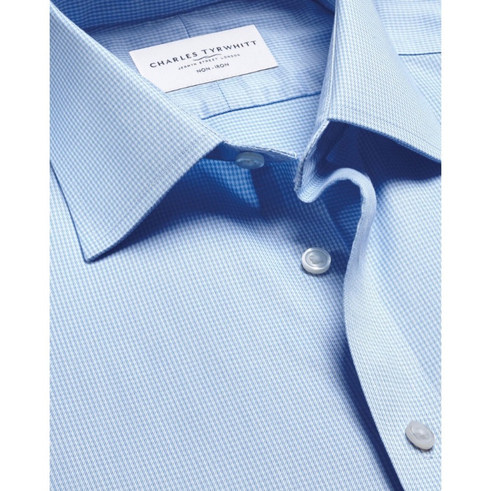 Charles Tyrwhitt Sky Blue Puppytooth Non-Iron Slim Fit Shirt 16.5/35 Cotton
